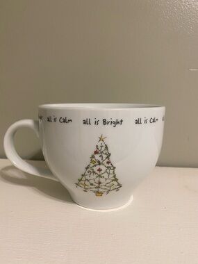 Pottery Barn White Holiday Tree Mug with Script